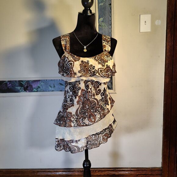 No Boundaries Tops - VTG Y2K Whimsical Layered Asymmetrical Paisley Brown Tanktop/T54